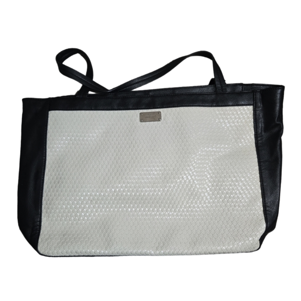 Nine West black & white woven accent tote bag